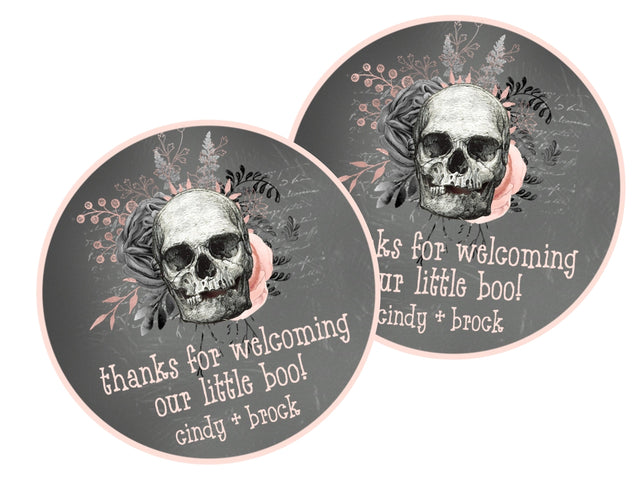 Pink skull baby shower sticker with “Little Boo” text