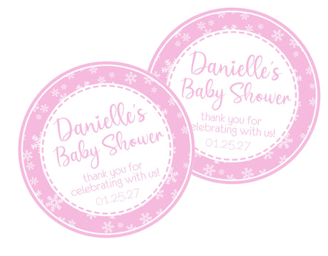 Pink snowflake baby shower sticker with winter design
