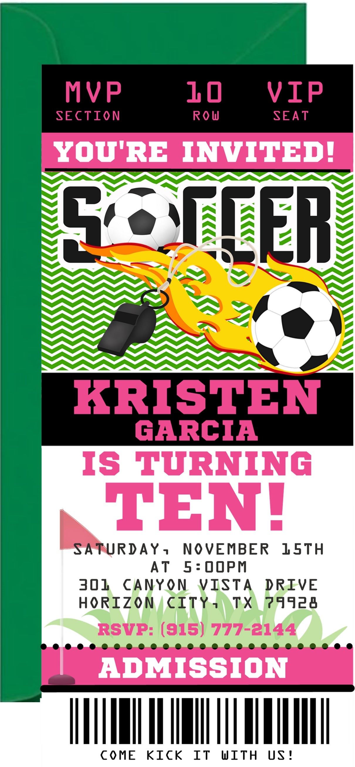 Pink soccer party invitation featuring soccer themed ticket artwork
