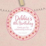 Pink strawberry birthday sticker with berry border