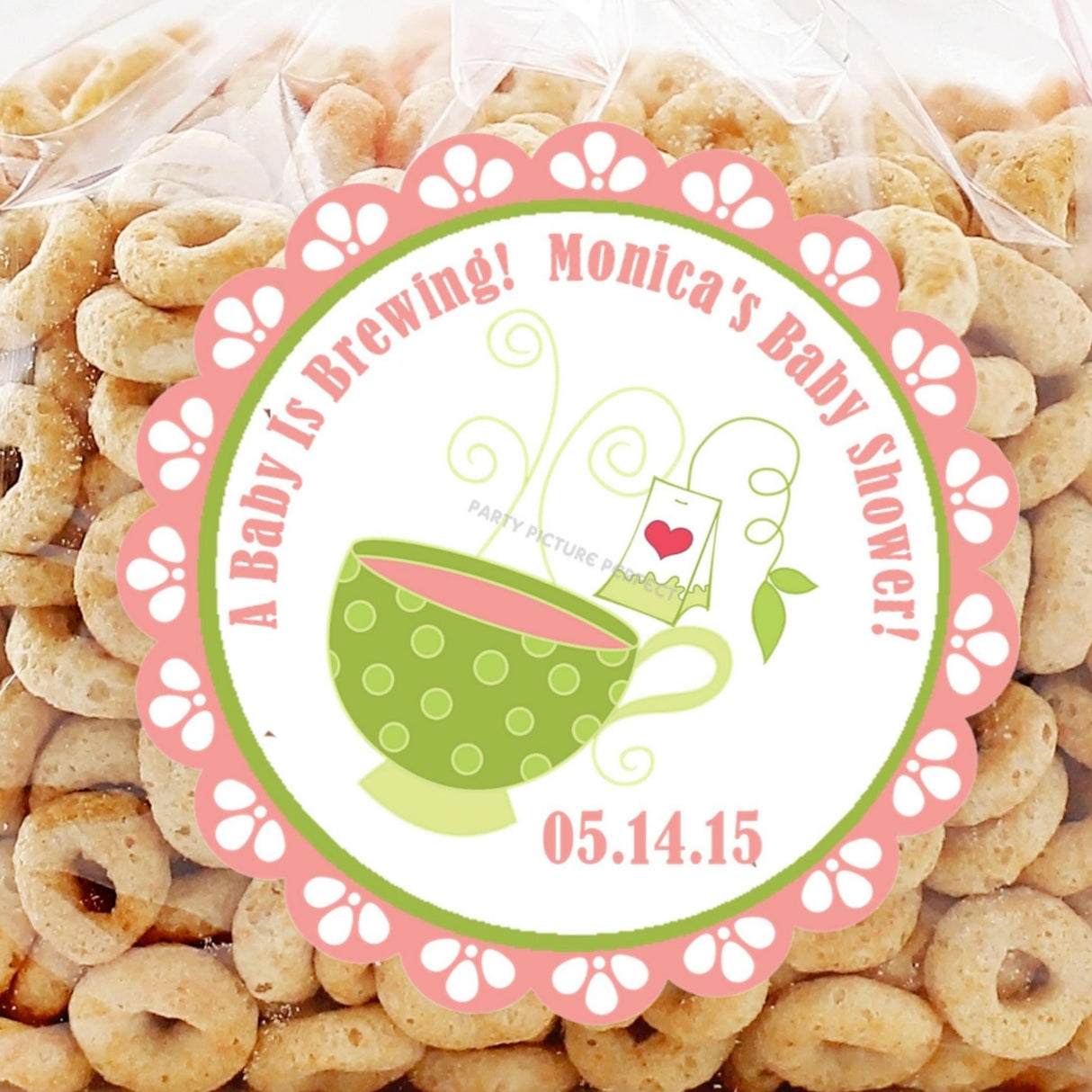 Pink tea party baby shower sticker with scalloped pink border
