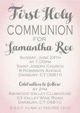 Pink watercolor First Holy Communion invitation with elegant script wording
