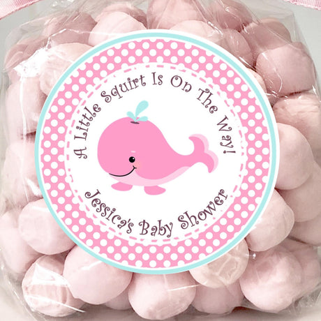 Pink whale baby shower stickers with polka dots