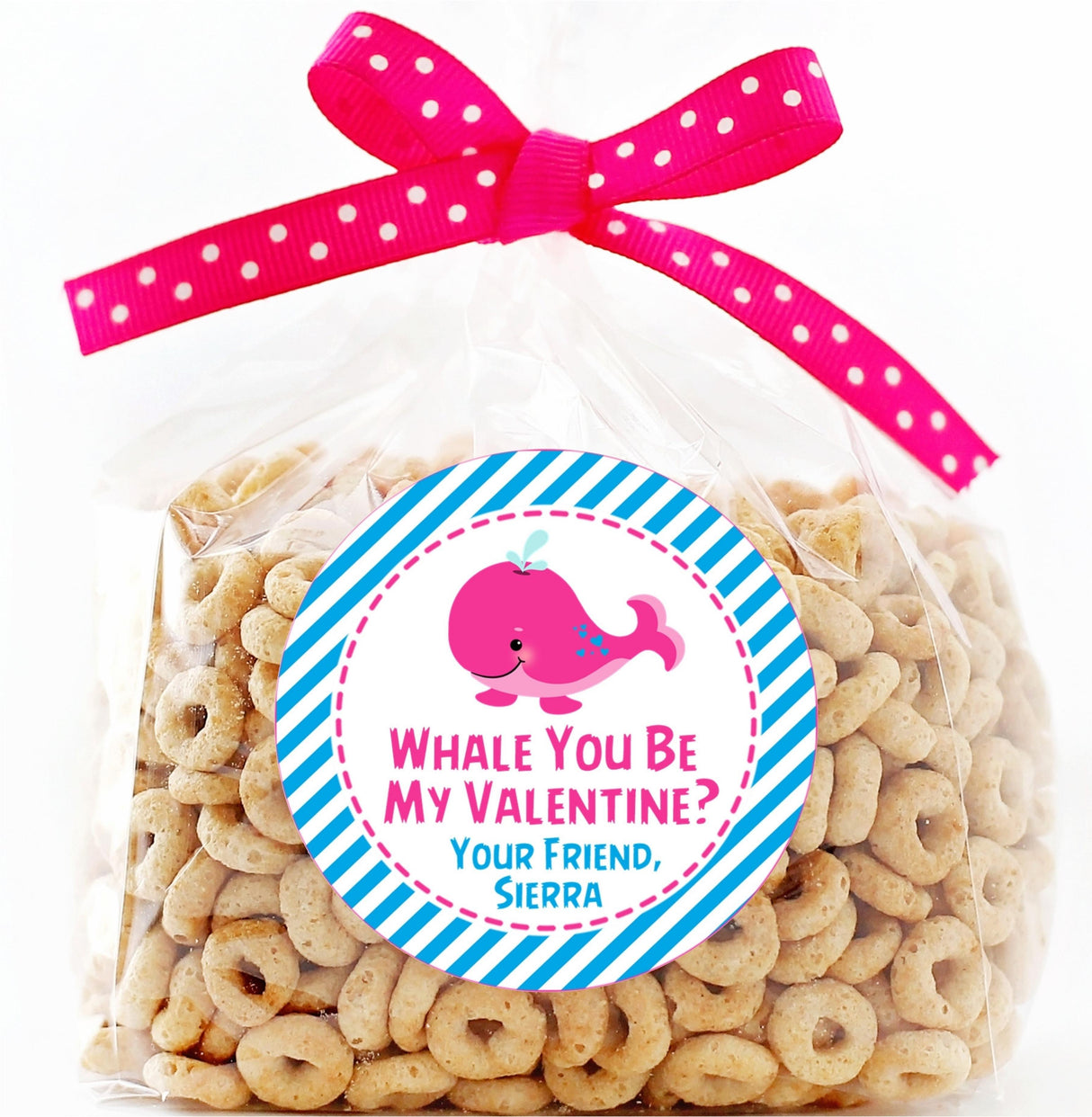 Pink whale you be my valentine classroom sticker with personalized name