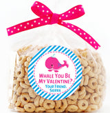 Pink whale you be my valentine classroom sticker with personalized name