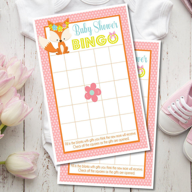 Pink woodland fox baby shower bingo printable game