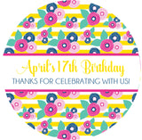 Pink yellow blue floral birthday sticker colorful flower pattern