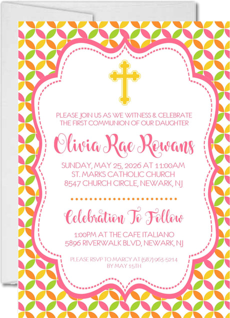 Pink yellow orange and lime first holy communion invitation with gold cross