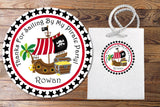 Pirate party favor label with ship, palm tree, and gold coins
