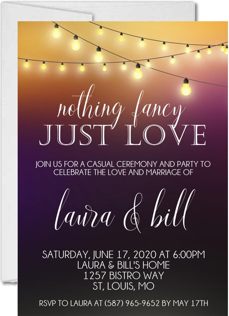 Plum wedding invitation with gold string lights and elegant wedding wording