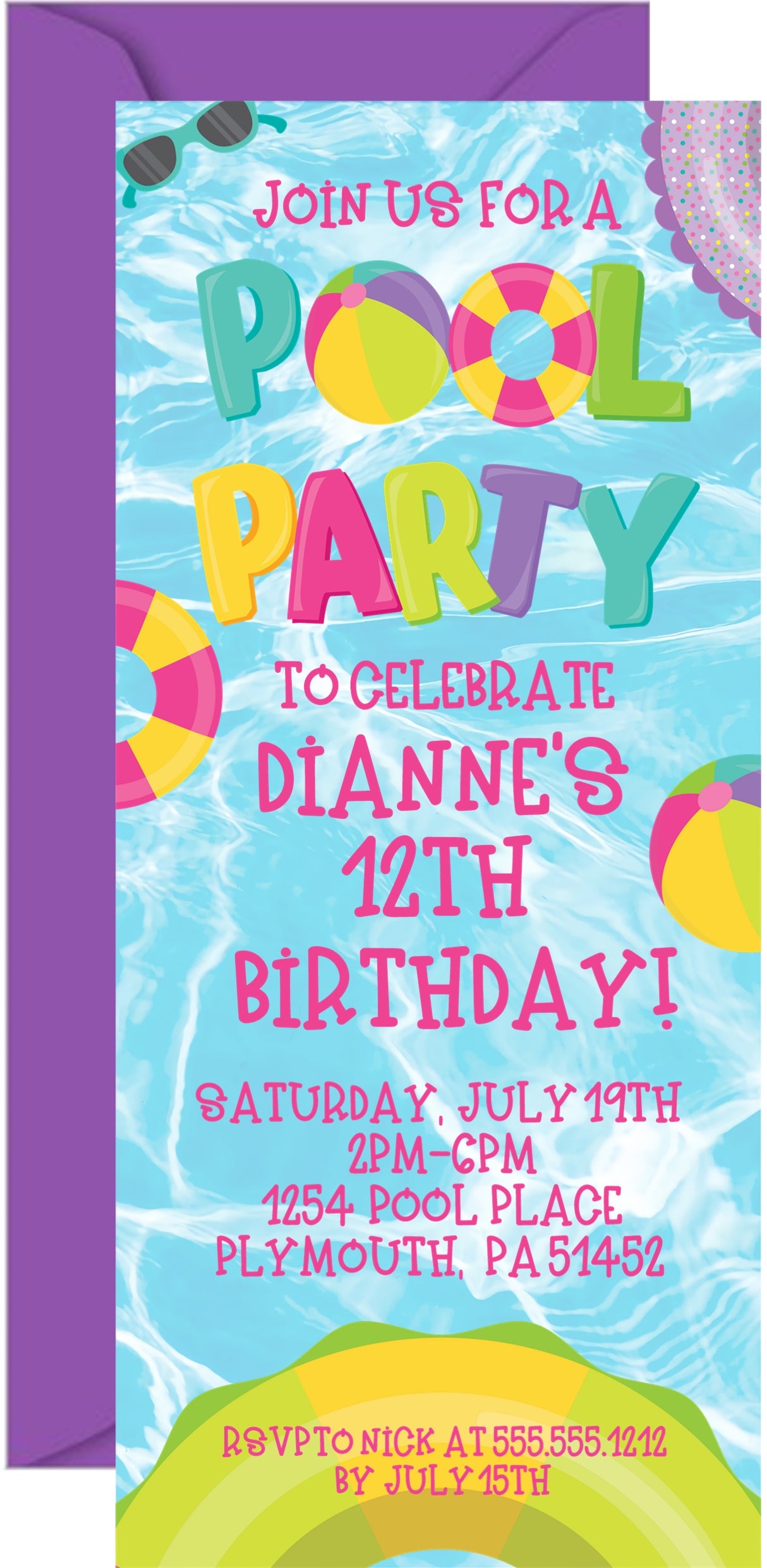 Pool birthday invitation with bright summer themed graphics