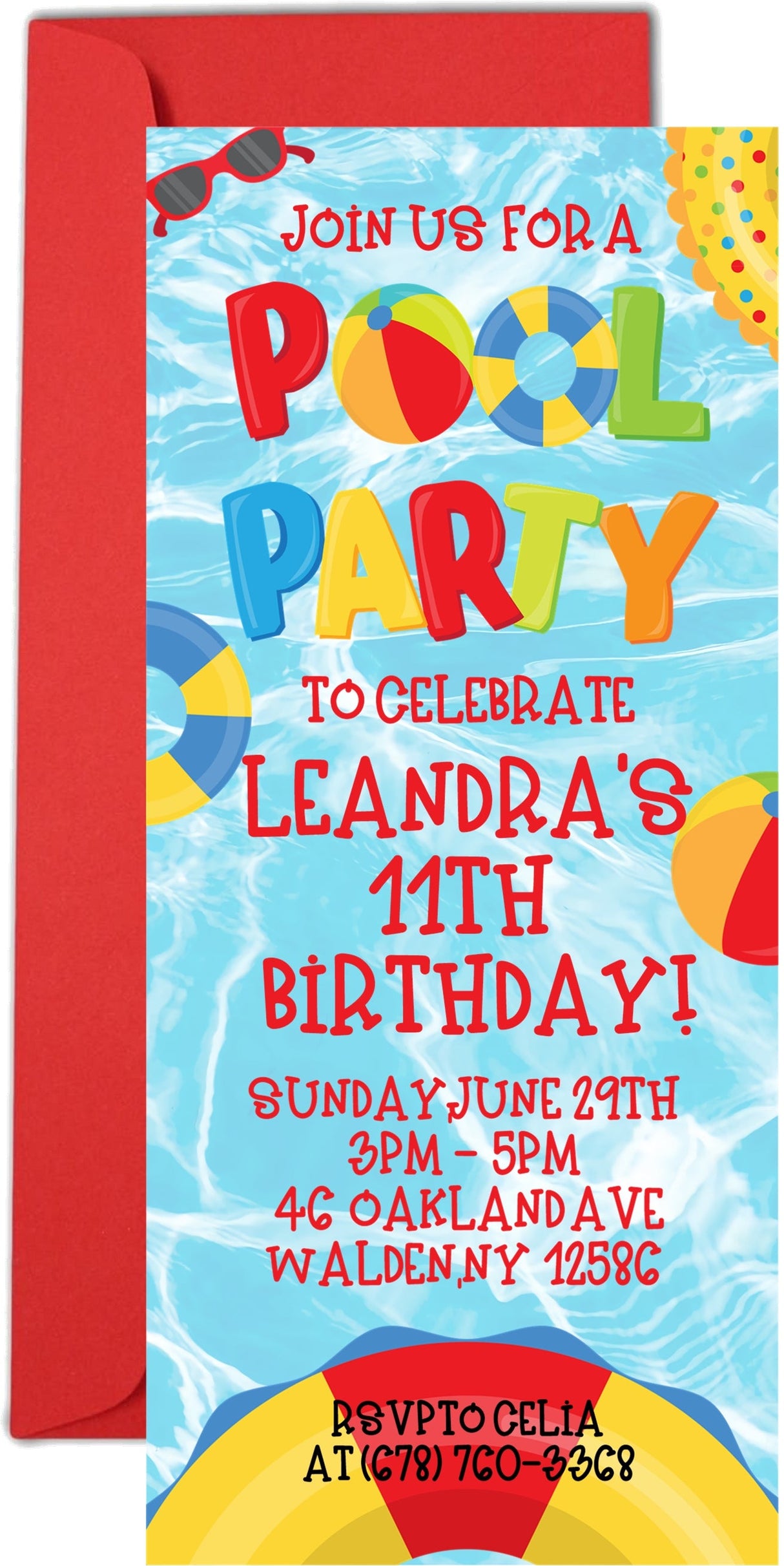 Pool party invitation featuring colorful pool floats and beach ball artwork
