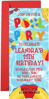 Pool party invitation featuring colorful pool floats and beach ball artwork