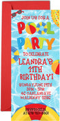 Pool party invitation featuring colorful pool floats and beach ball artwork