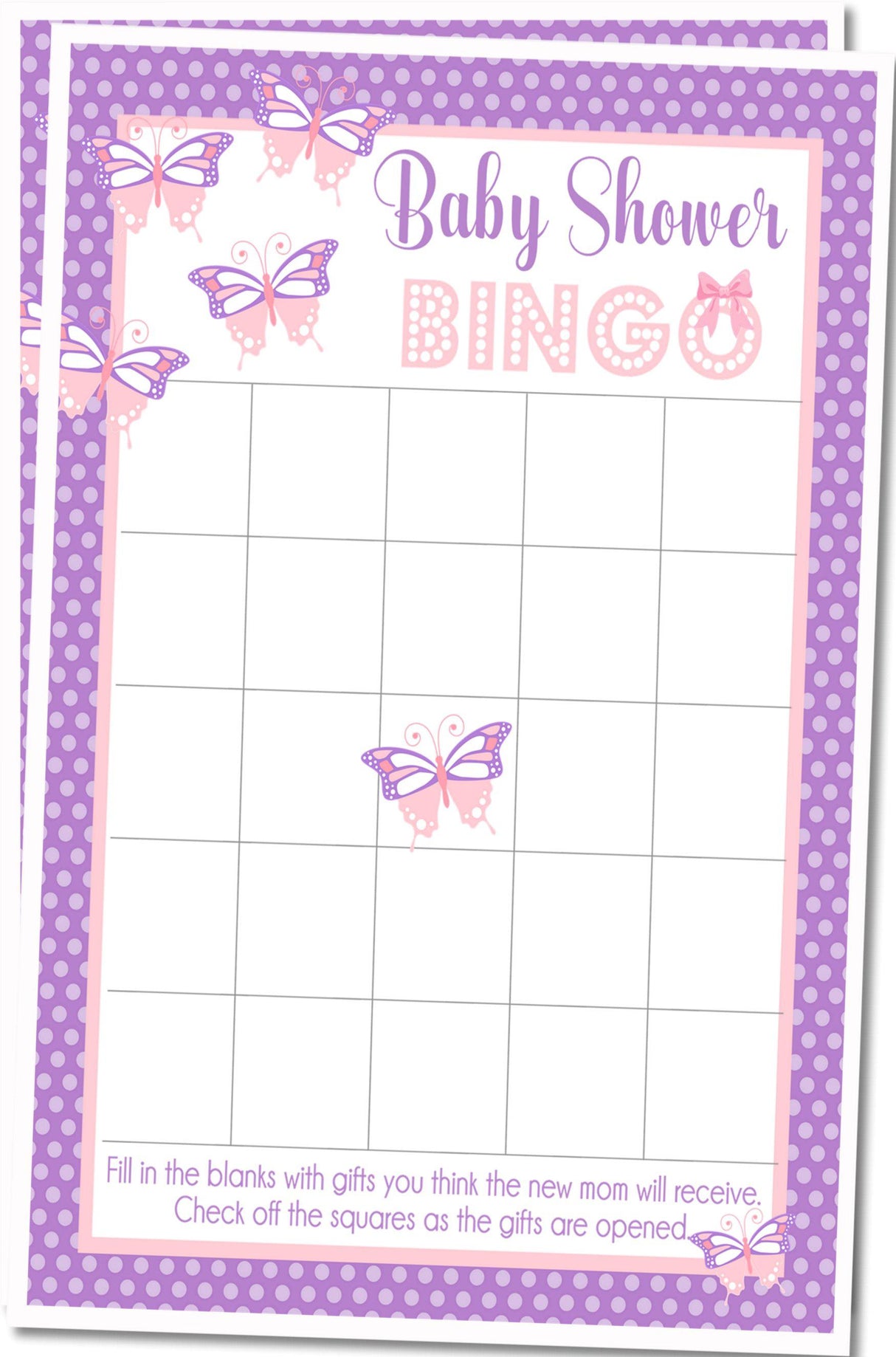 Printable butterfly baby shower bingo cards formatted two per page at 5x7 size