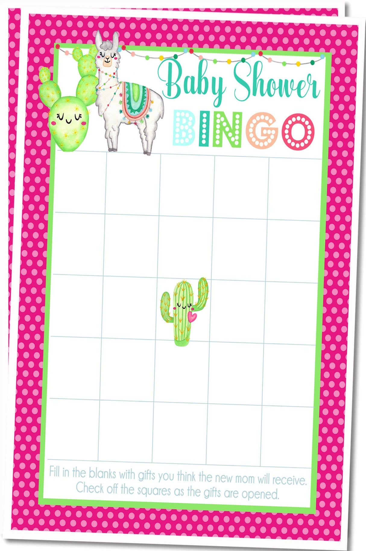 Printable llama baby shower bingo cards sized 5x7 inches two per page
