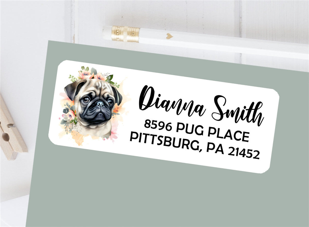 Pug dog themed personalized address label sticker