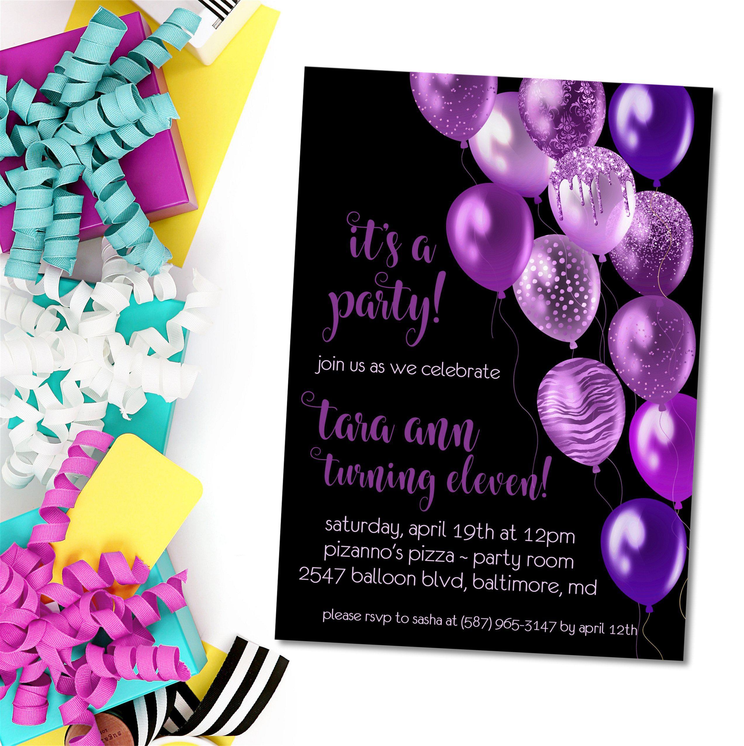 Purple And Black Balloon Birthday Party Invitations