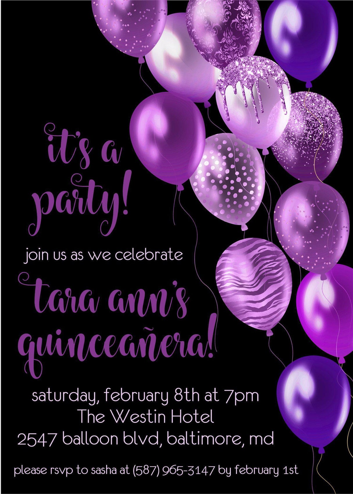 Purple And Black Balloon Quinceanera Invitations