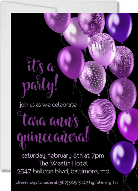 Purple And Black Balloon Quinceanera Invitations