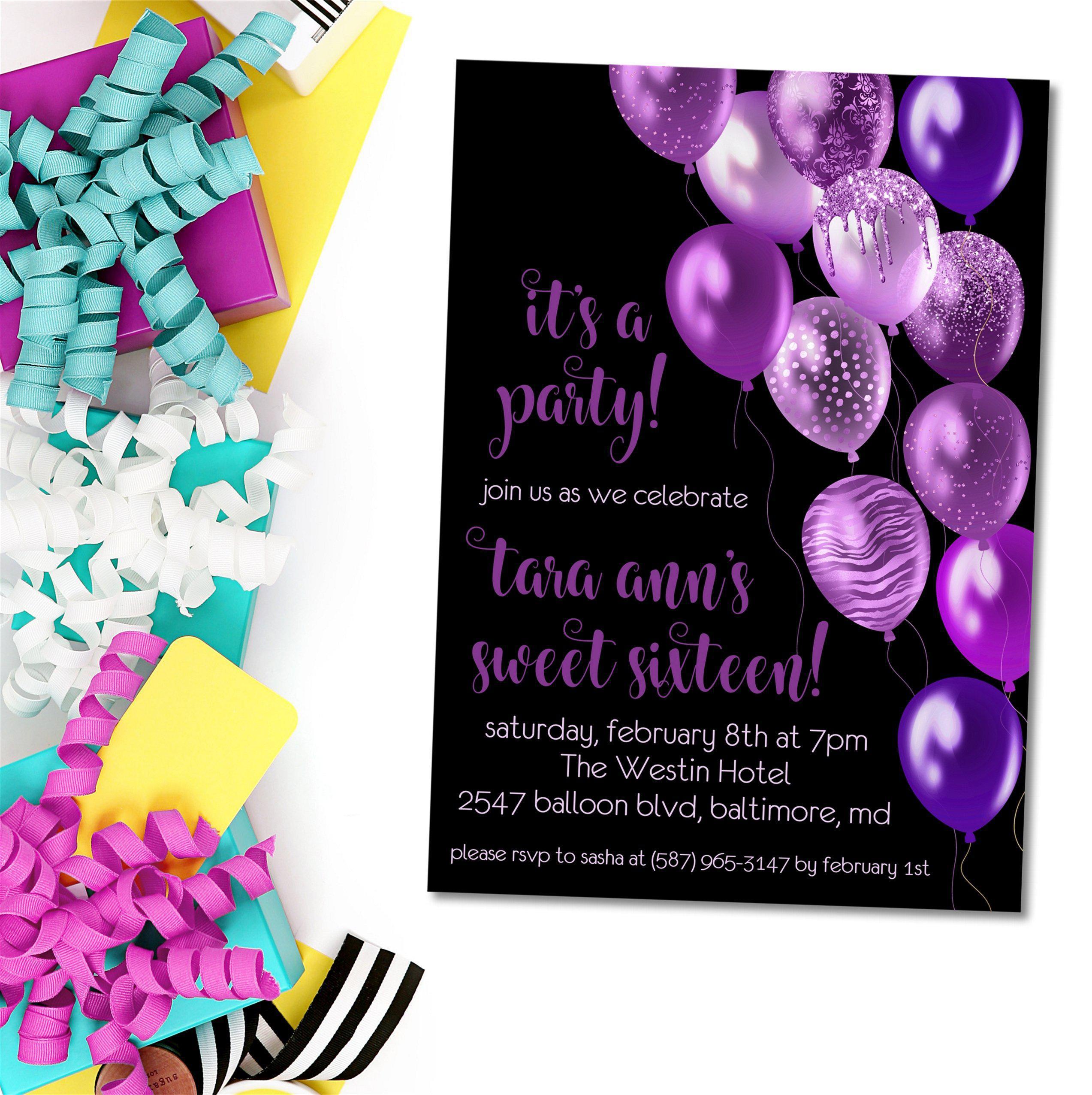 Purple And Black Balloon Sweet 16 Party Invitations