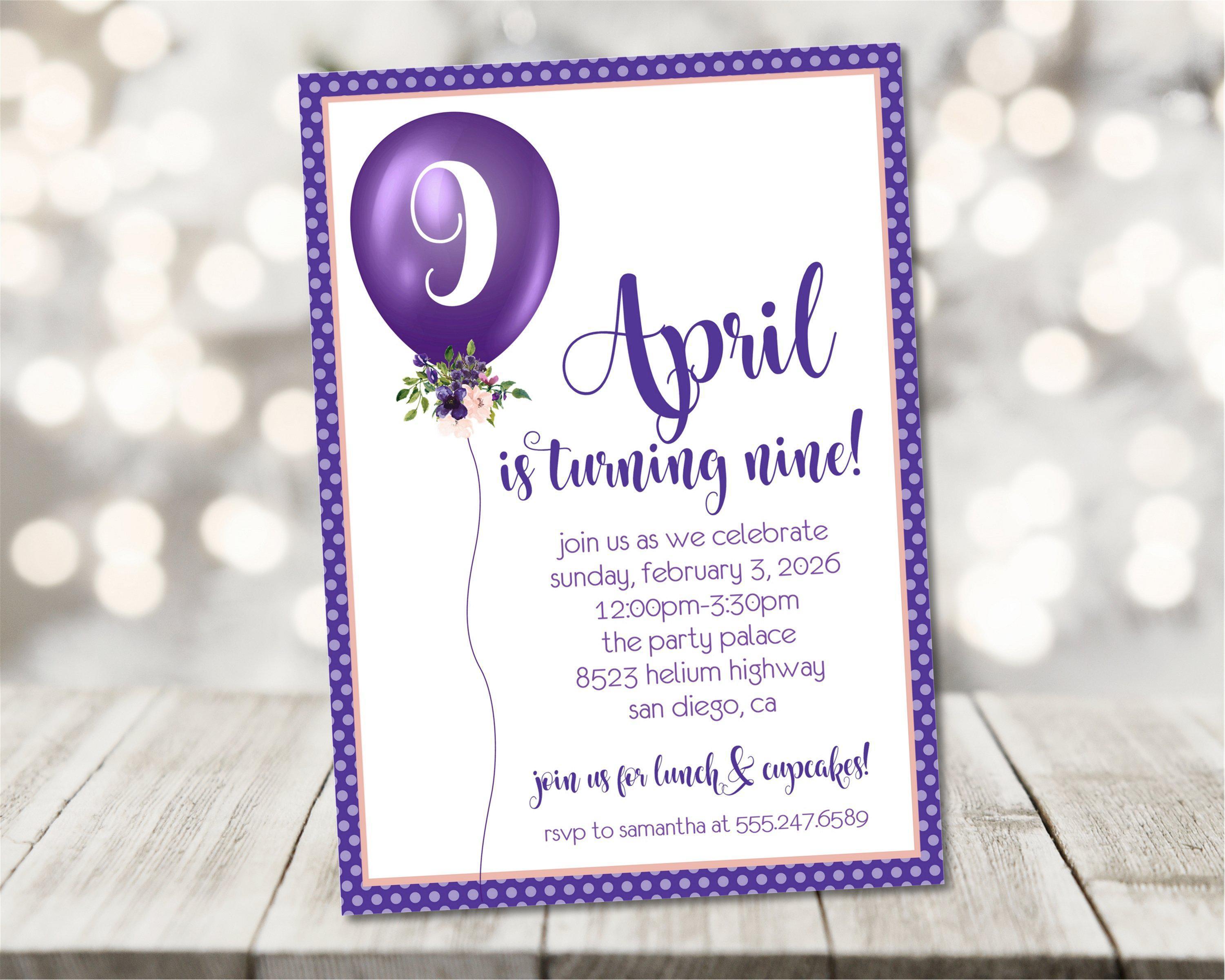 Purple Balloon Birthday Party Invitations