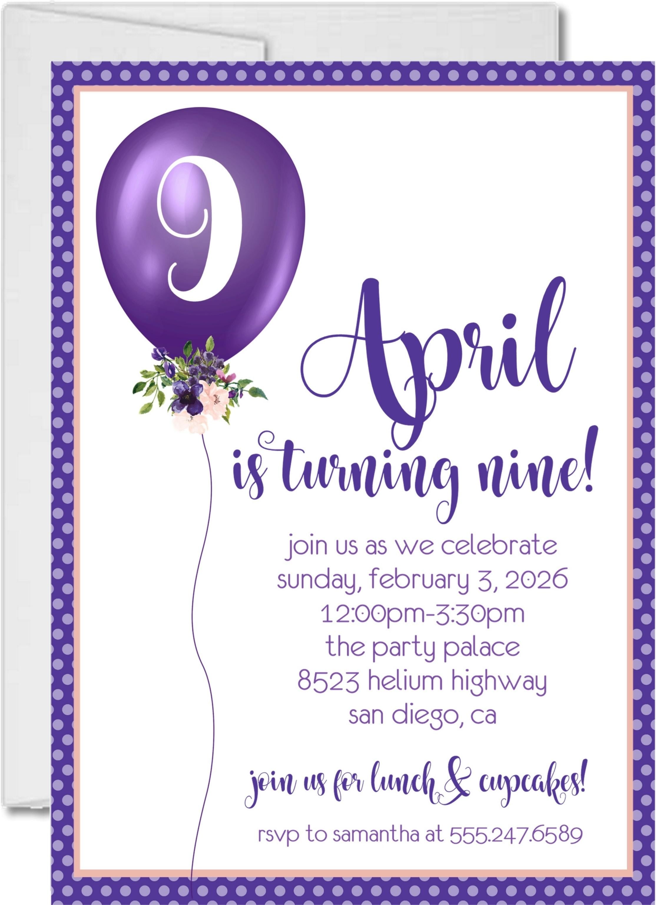 Purple Balloon Birthday Party Invitations