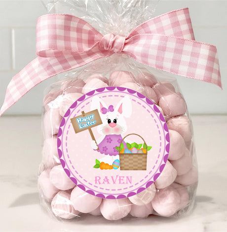Purple Easter bunny sticker with sign and basket personalized for Easter favors