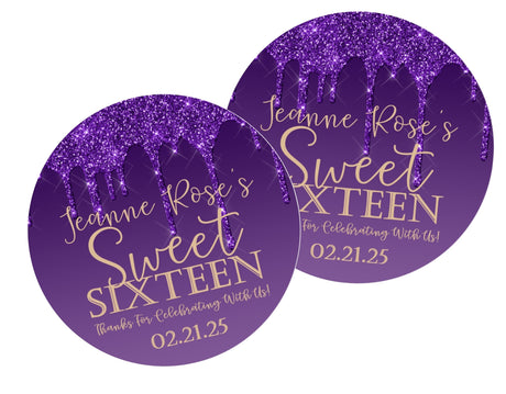 Purple and gold Sweet 16 birthday favor sticker