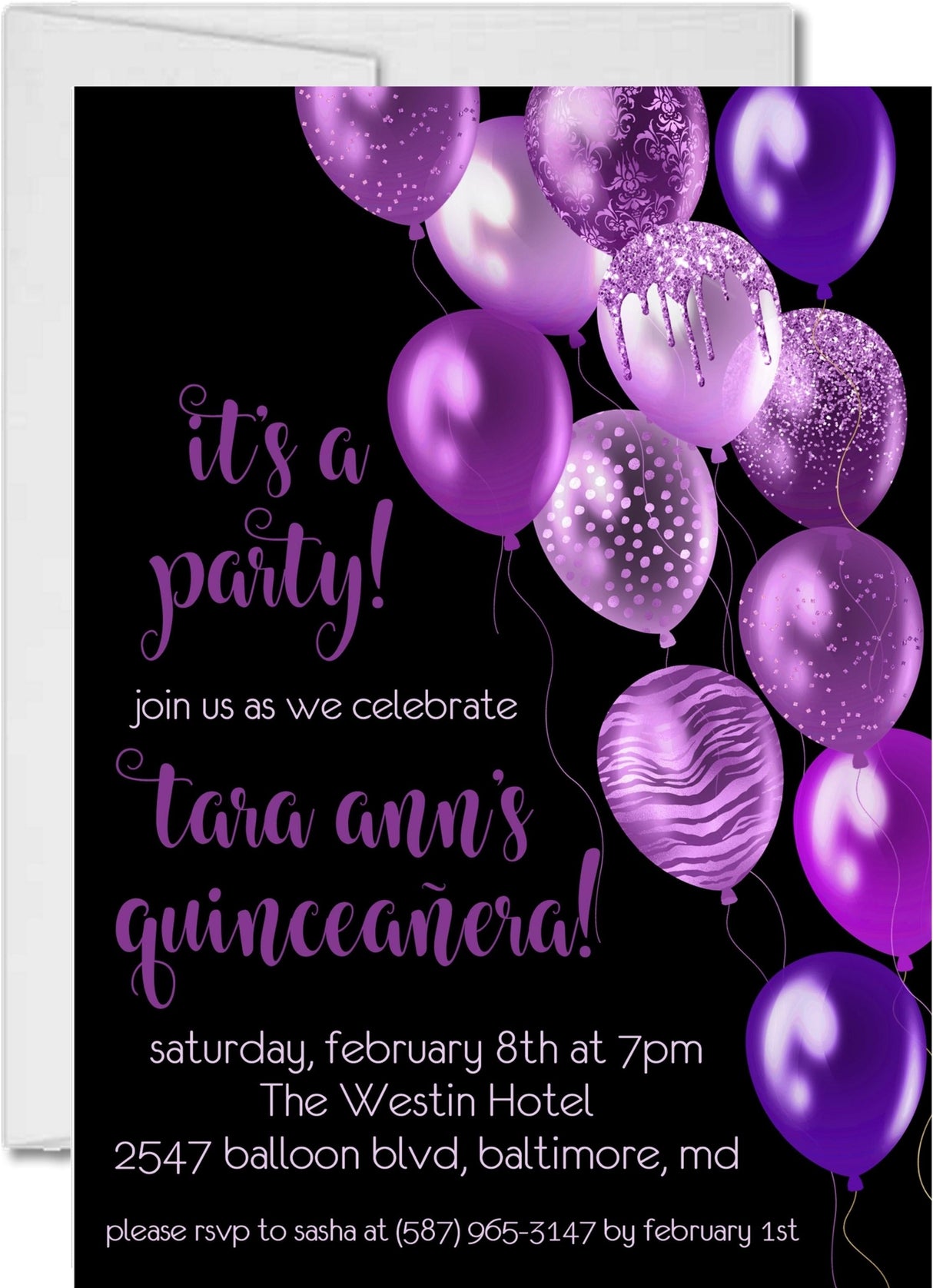 Purple black quinceanera invitation