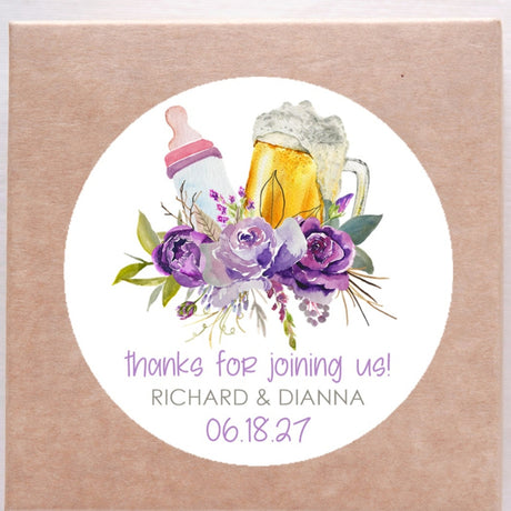 Purple bottles and beer baby shower favor stickers