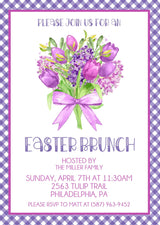Purple floral spring celebration invitation with check pattern
