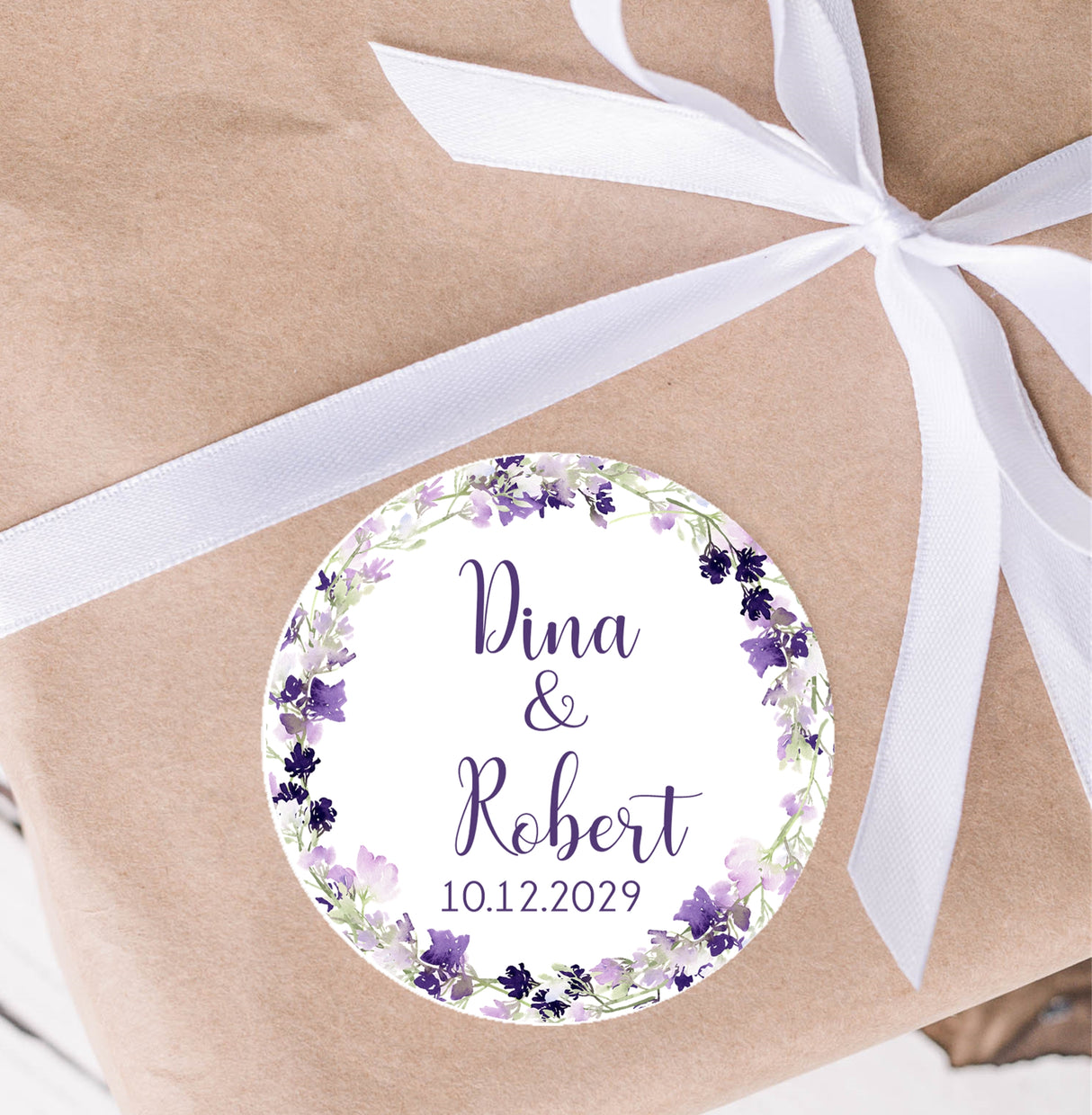 Purple floral wreath wedding envelope seal sticker with personalized text