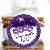Purple masquerade Sweet 16 birthday favor sticker
