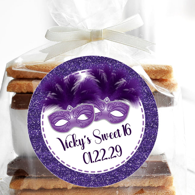 Purple masquerade Sweet 16 sticker with printed glitter border