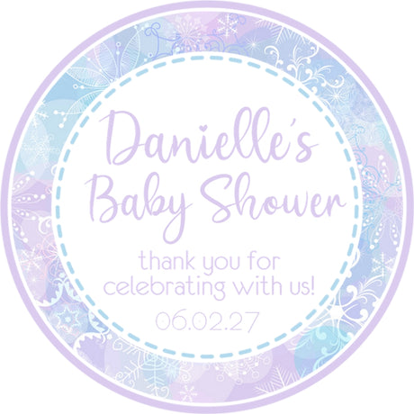 Purple snowflake baby shower sticker with snowflake border design