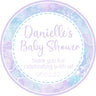 Purple snowflake baby shower sticker with snowflake border design