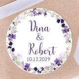 Purple wildflower wreath wedding sticker with personalized names and wedding date