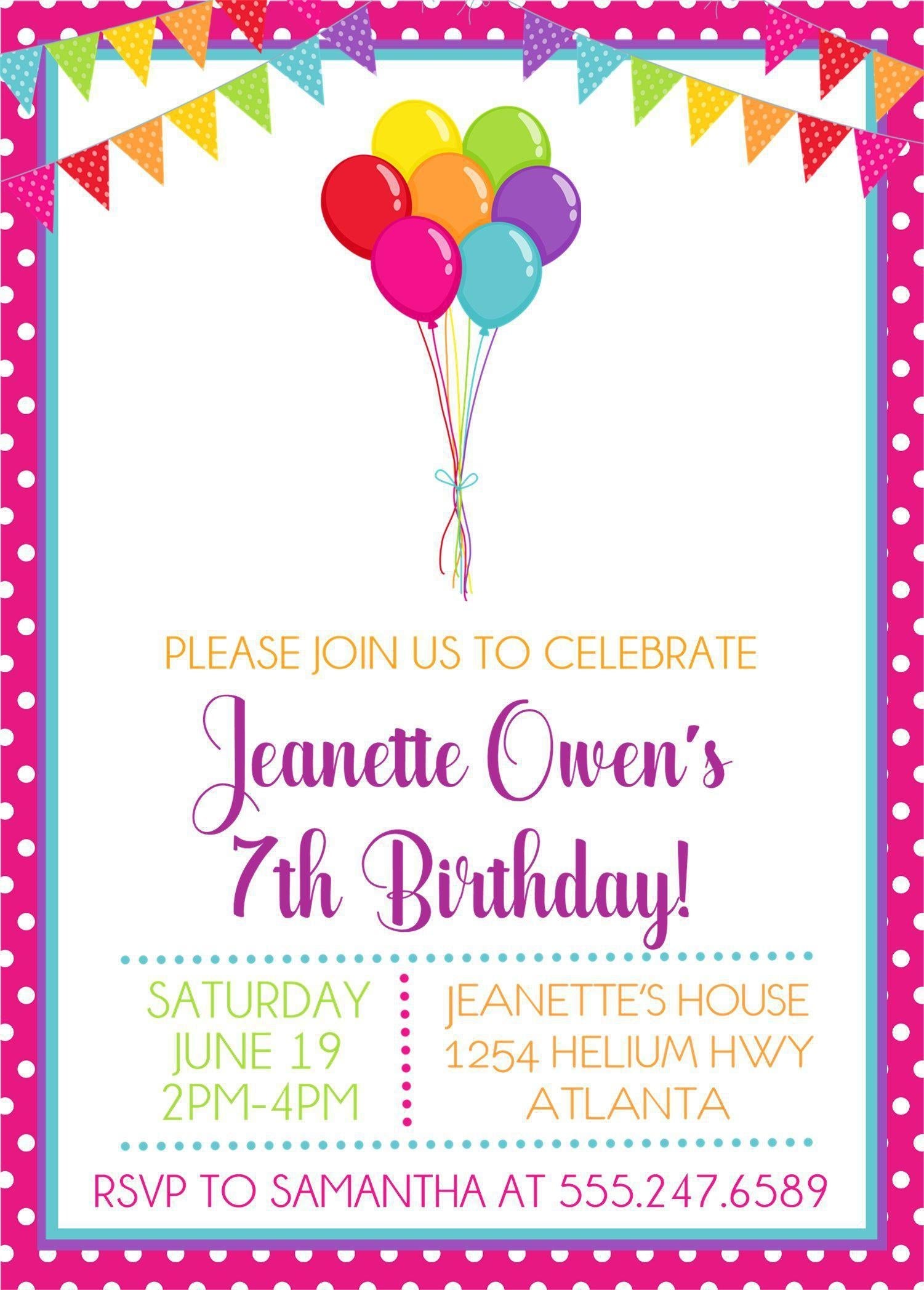 Rainbow Balloon Birthday Party Invitations