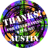 Rainbow paint splatter paintball birthday sticker with target rings
