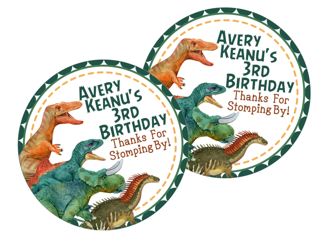 Realistic dinosaur party favor label in green and orange tones