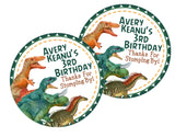 Realistic dinosaur party favor label in green and orange tones