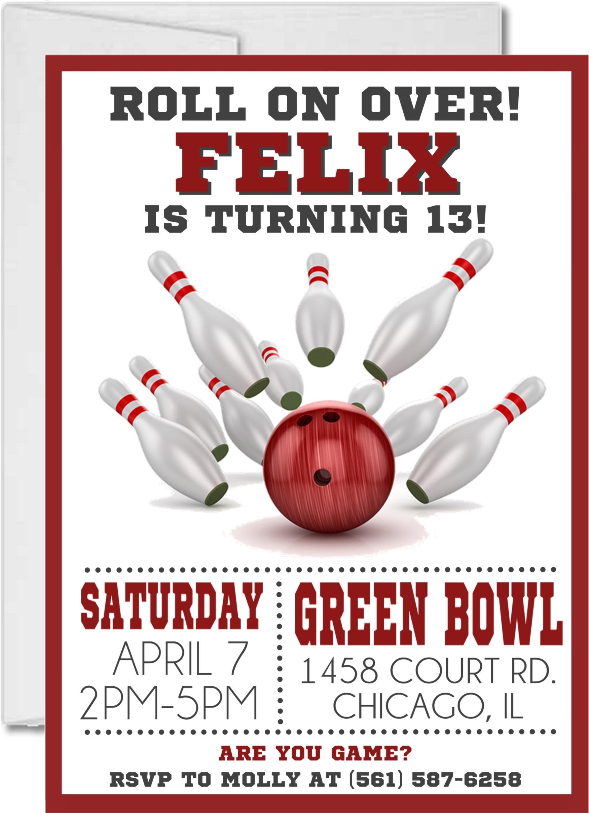 Red Bowling Birthday Party Invitations