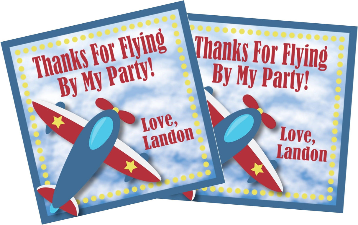 Red and blue airplane party favor label