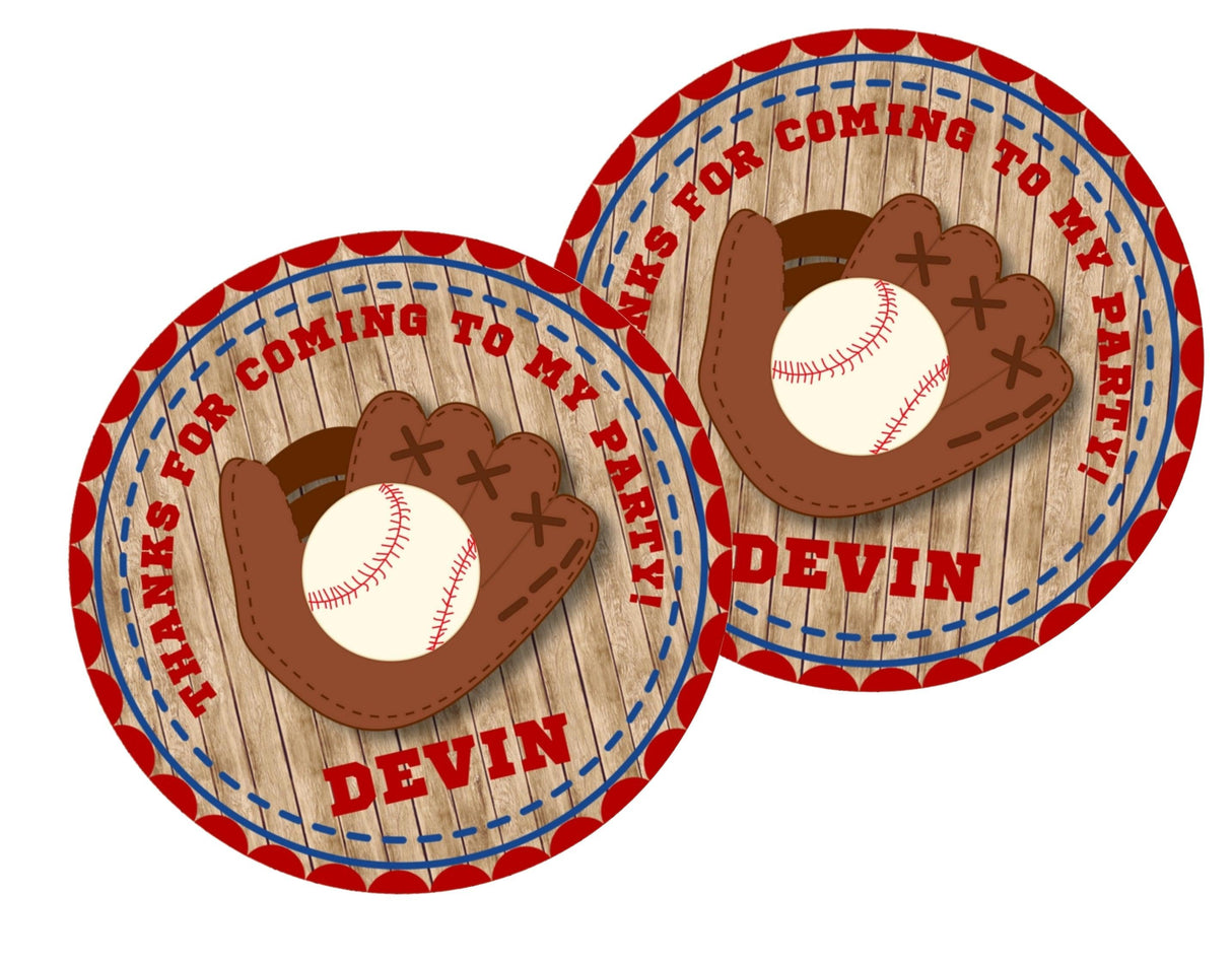 Red and blue baseball birthday favor label design