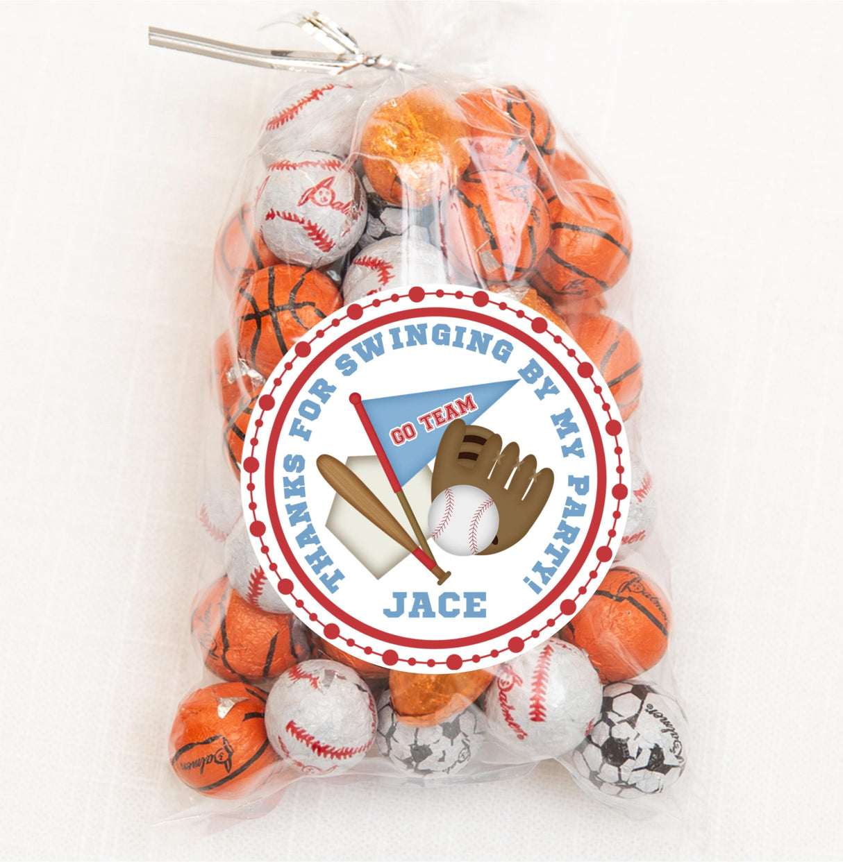 Red and blue baseball party thank you label