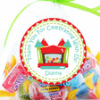 Red and teal bounce house favor sticker