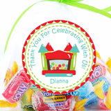 Red and teal bounce house favor sticker