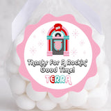 Red and teal jukebox party sticker with scalloped edge