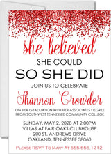 Red and white graduation party invitation with confetti and inspirational quote